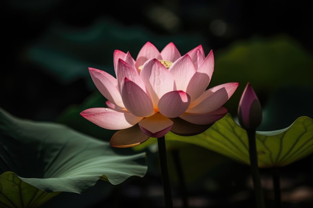 Pink and yellow lotus flower and leaves on dark background, created using generative ai technology - Free Images, Stock Photos and Pictures on Pikwizard.com