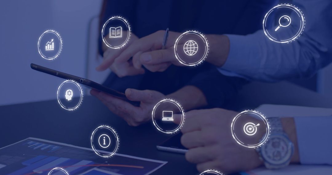 Business Professionals Engaging with Digital Interface Icons