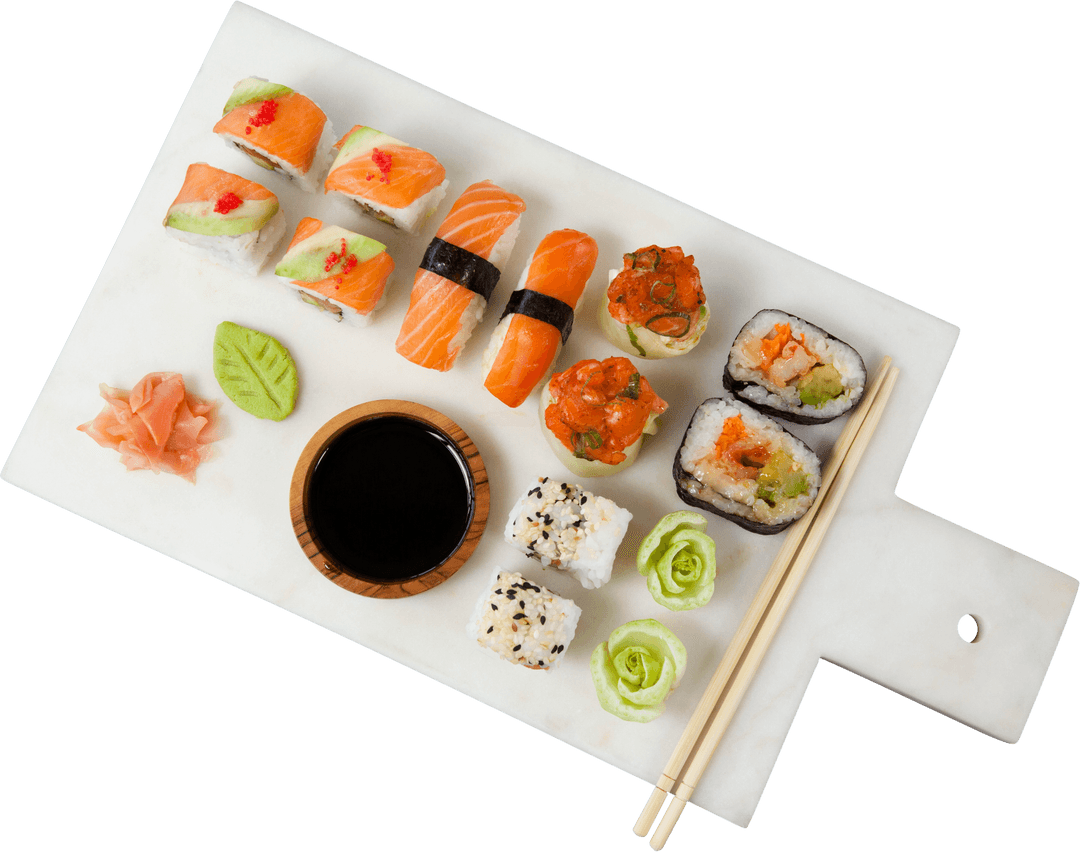 Transparent Sushi Platter on White Marble Board with Chopsticks