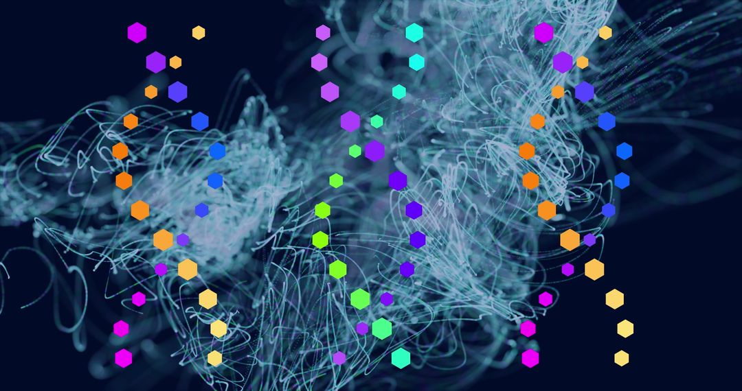 Colorful Hexagons Over Abstract Swirling Lines Geometric Pattern