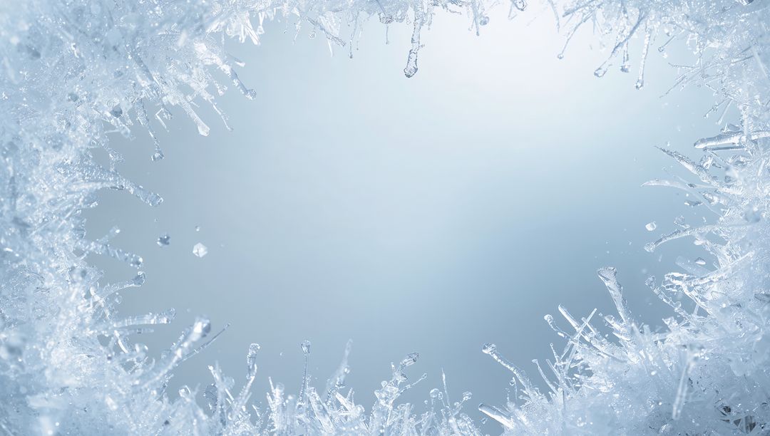 Translucent Frost Rim of Ice Crystals and Tiny Icicles Framing Soft Blue Center Macro