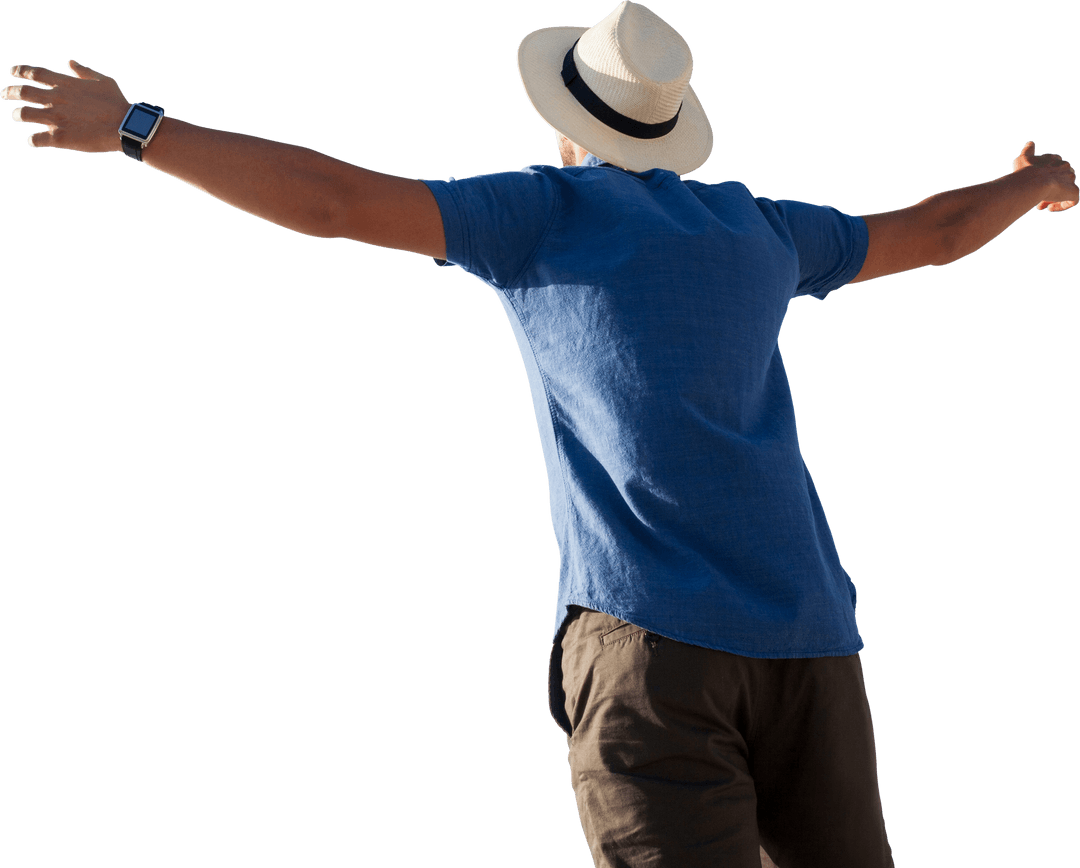 Man with Arms Raised in Obvious Euphoric Transparent Pose