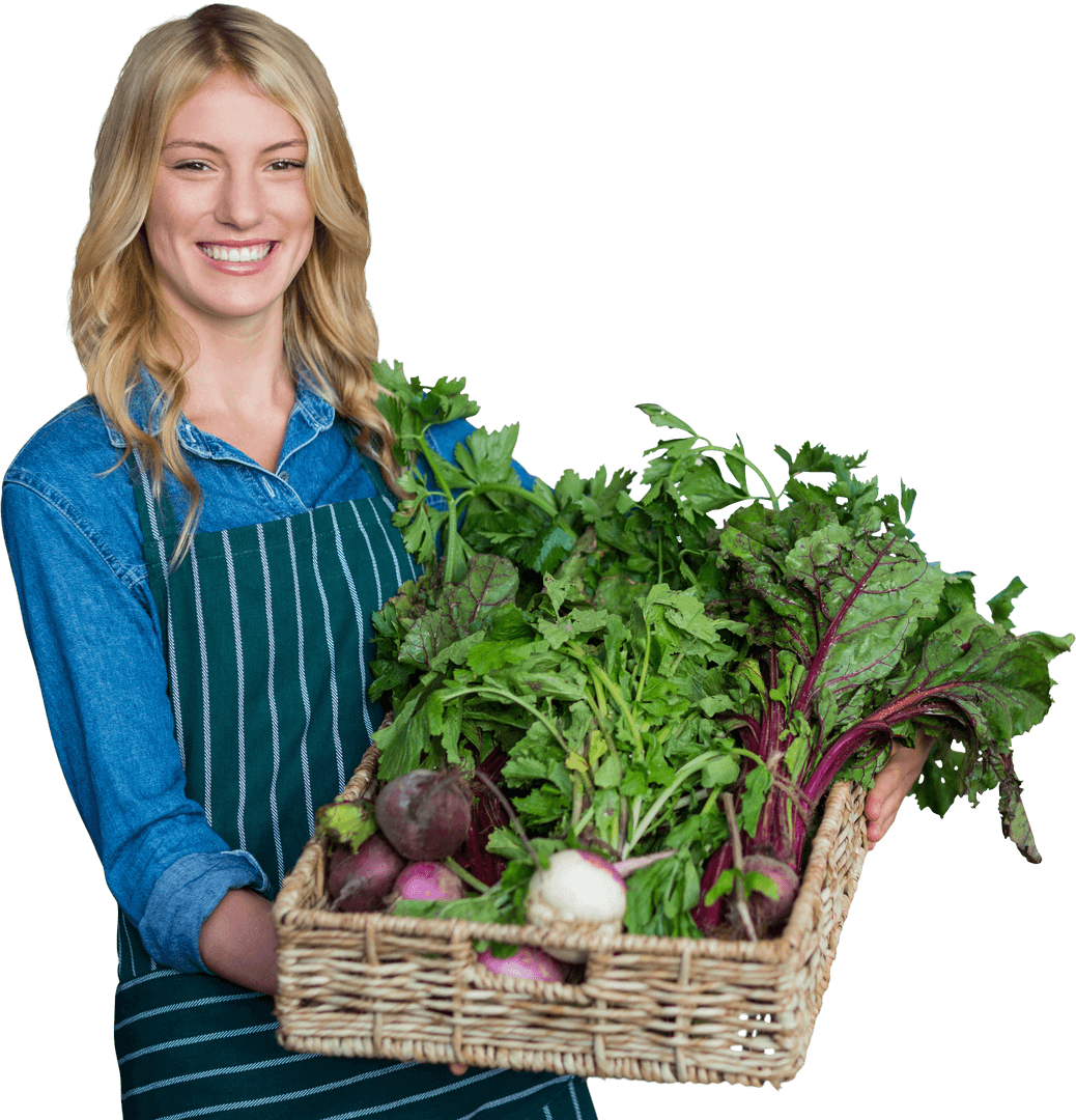 Smiling Woman Holding Basket with Fresh Vegetables on Transparent Background