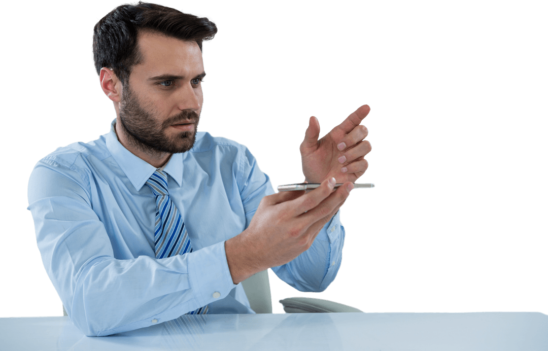 Businessperson Interacting with Transparent Object at Work Desk