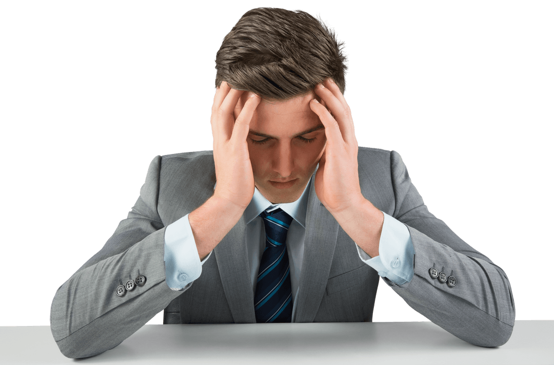 Worried Caucasian Businessman with Hands on Head Transparent Background