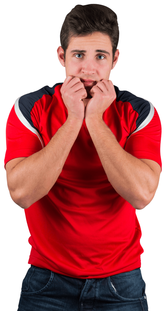 Nervous Football Fan Biting Fingernails Isolated Transparent