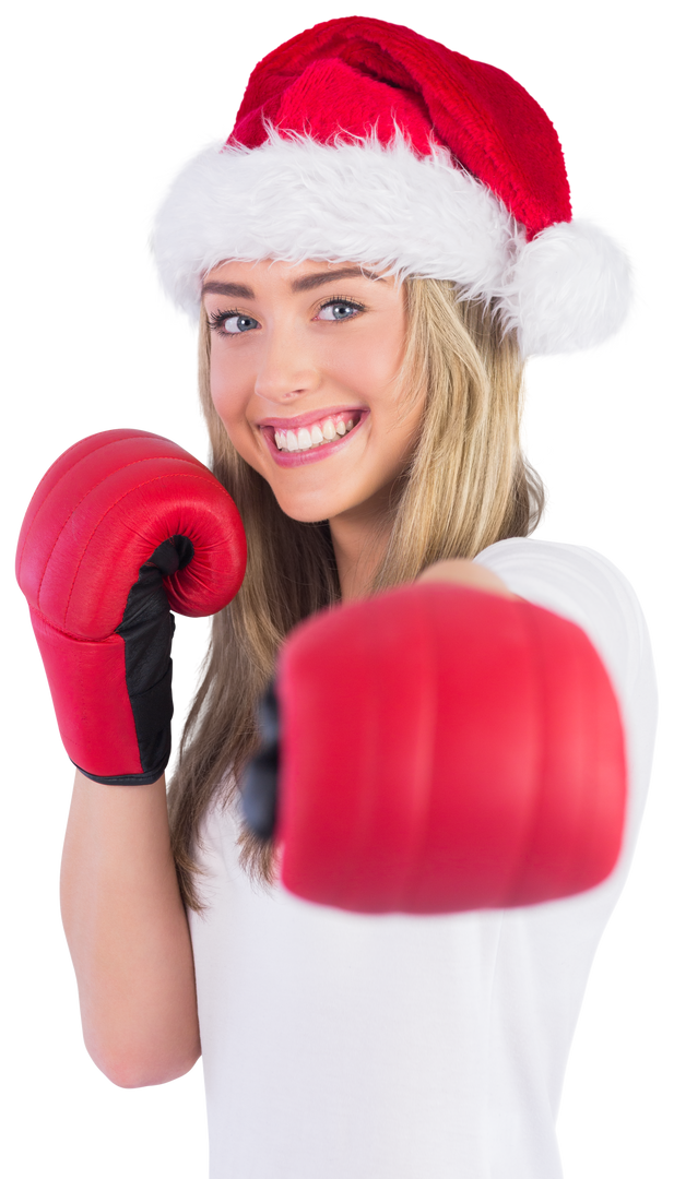 Smiling Woman in Santa Hat with Boxing Gloves on Transparent Background - Download Free Stock Images Pikwizard.com