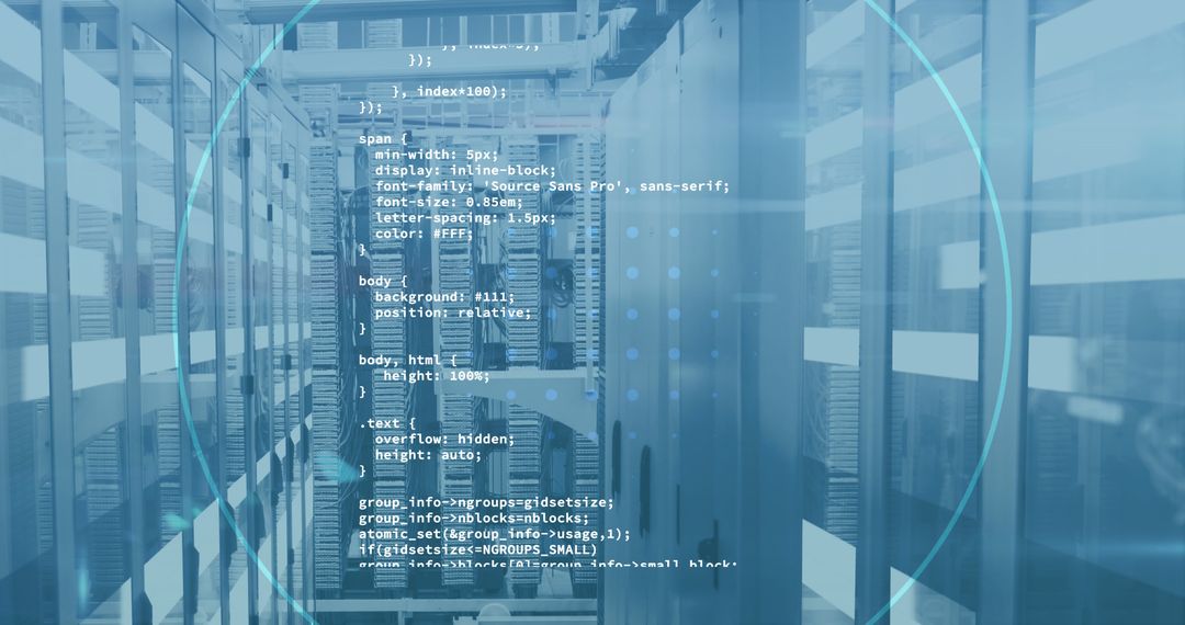 Data Code Overlay in Modern Server Room Technology Concept