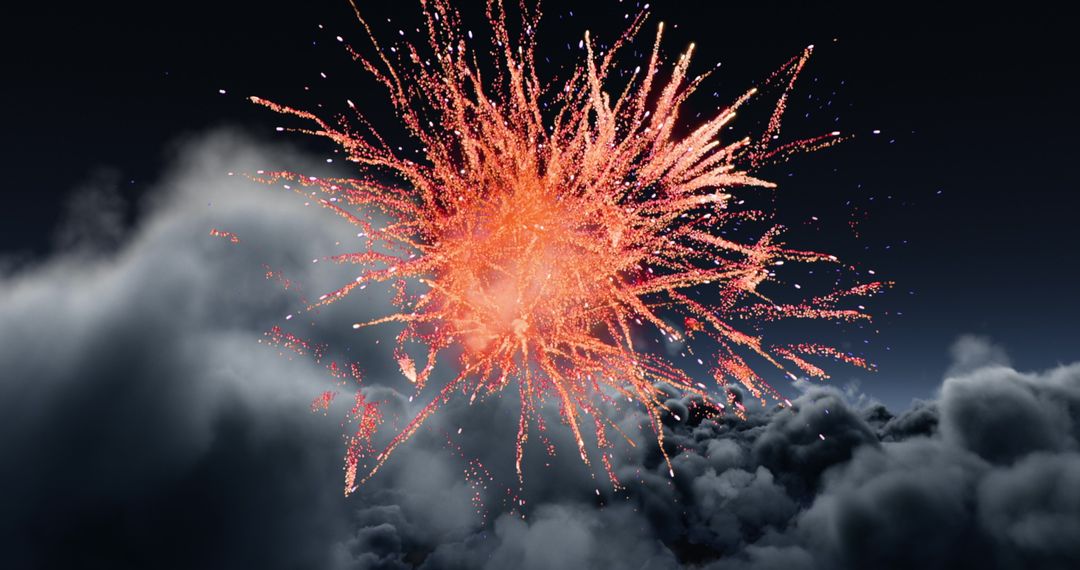 Red Fireworks contrasting against Dark Night Sky and Clouds