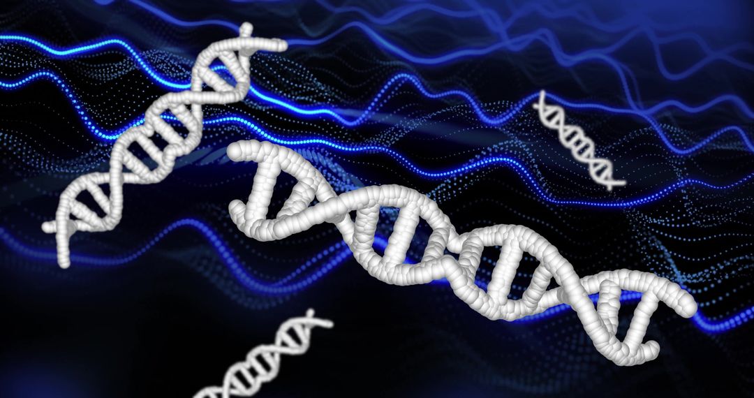 DNA Strands with Blue Waves Representing Scientific Data
