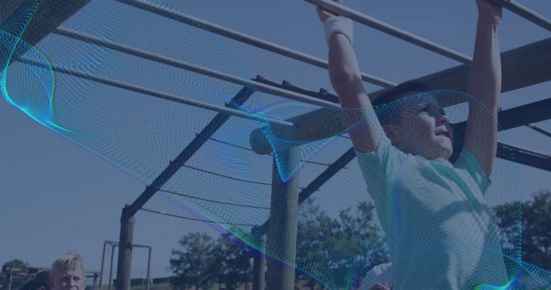 Boy Climbing Monkey Bars with Energy at Vibrant Playground