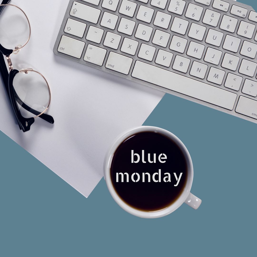Blue Monday Coffee Office Desk with Keyboard and Glasses