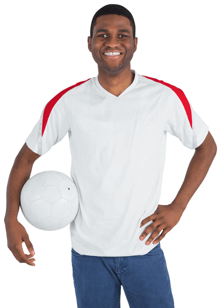 Smiling Soccer Enthusiast Holding Ball on Transparent Background