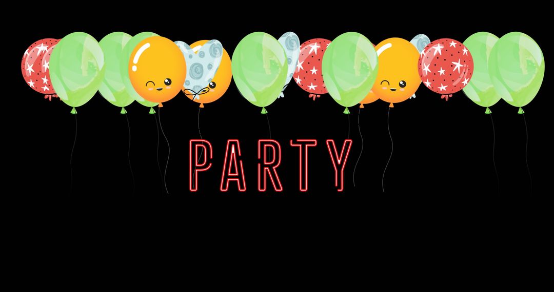 Colorful Balloons and Party Text on Dark Background