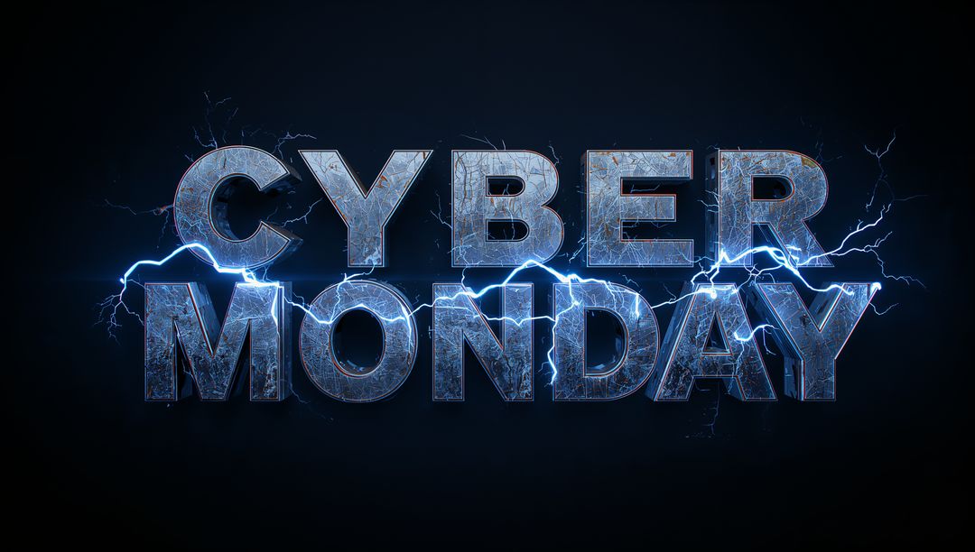 Cyber Monday Neon Electric 3D Metallic Text with Blue Lightning and Circuit Texture
