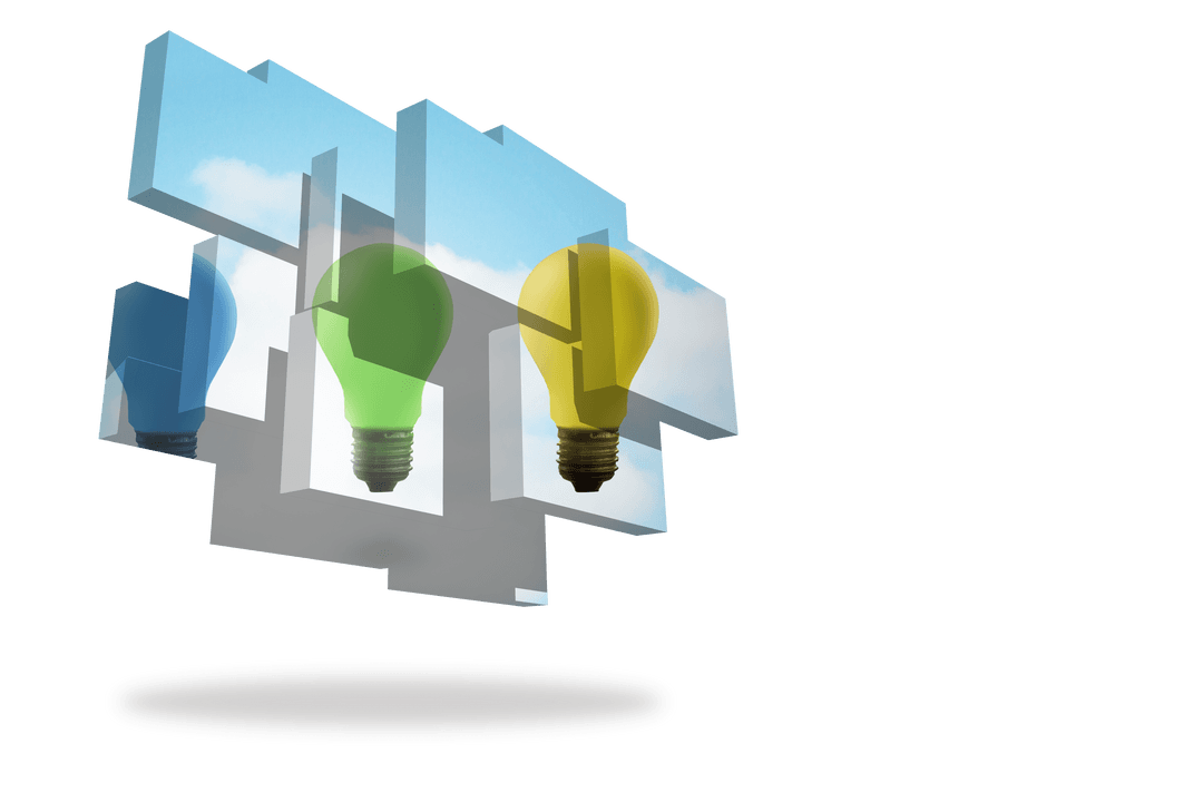 Transparent Light Bulbs Floating on Geometric Fragment Background