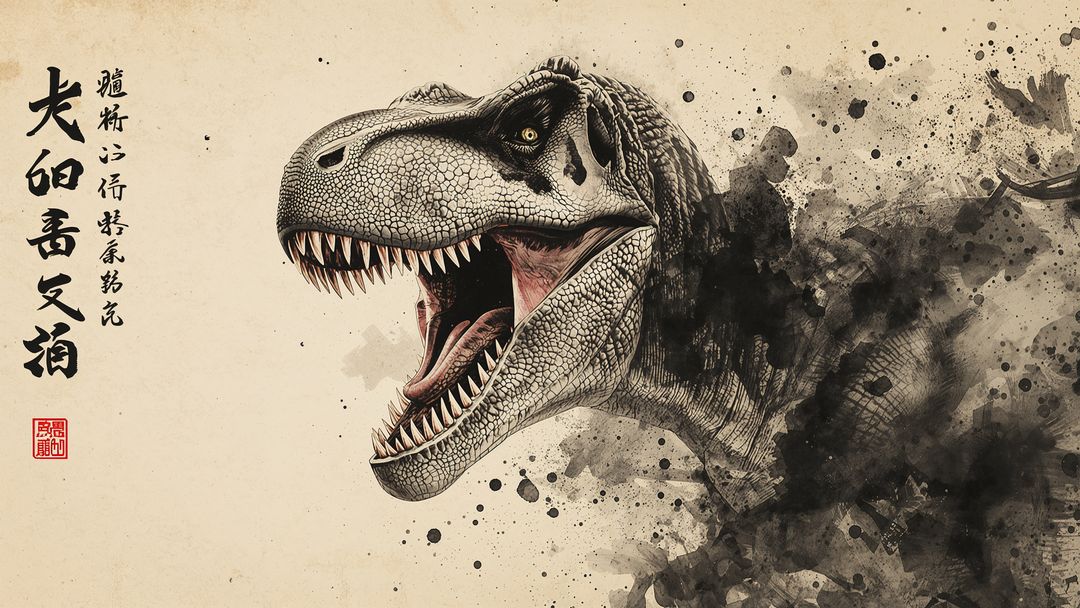 Tyrannosaurus Rex with Calligraphy in Traditional Style