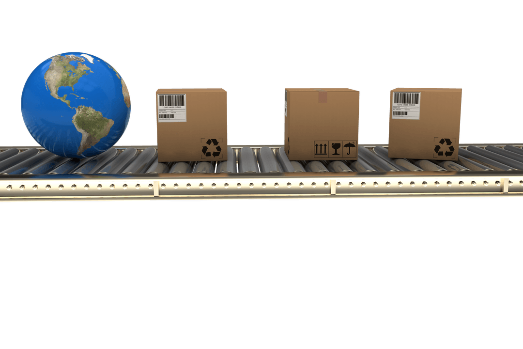 Transparent Boxes and Globe on Conveyor Belt Representing Global Distribution