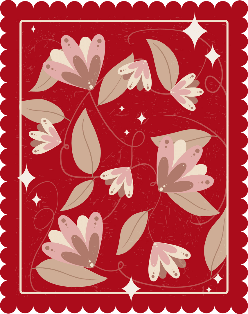 Elegant Transparent Scalloped Border with Pink Flowers and Vines