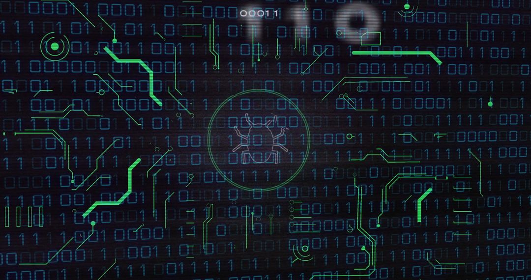 Binary code with bug icons show cybersecurity threats