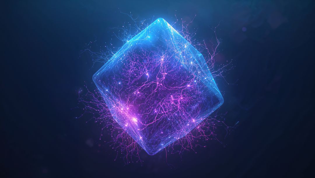Futuristic Glowing Cube with Electric Filaments in Cyberspace