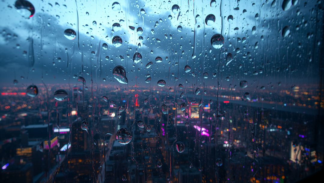 Raindrops on Window Reflecting Neon City Lights, Blurring Metropolitan Skyline at Dusk