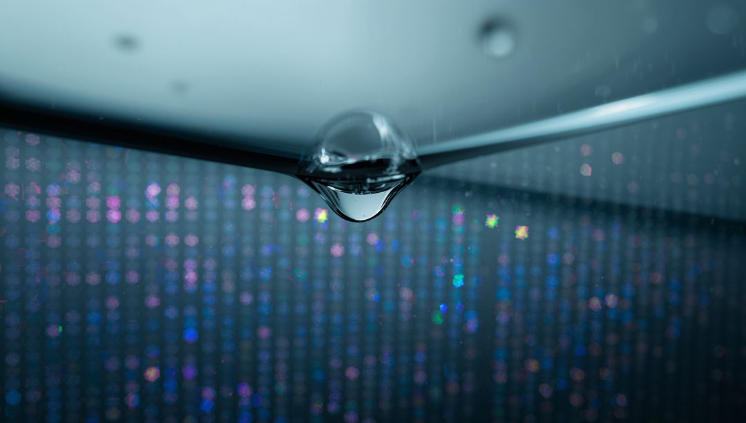 Single Water Droplet Hanging on Thin Wire Reflecting Cool LED Bokeh and Crystal Light