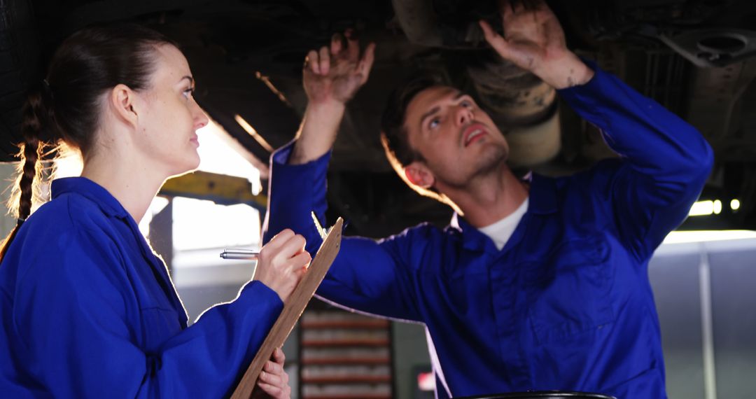 Two Automotive Technicians Inspect Underneath Car in Garage - Free Images, Stock Photos and Pictures on Pikwizard.com