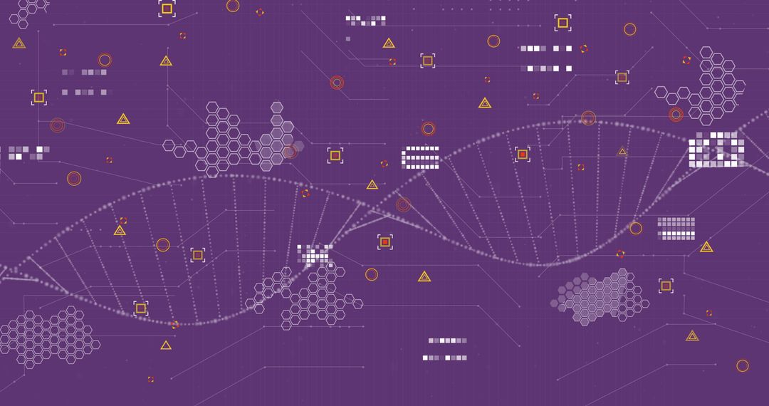 DNA Strand Surrounded by Abstract Data Interfaces on Purple Background