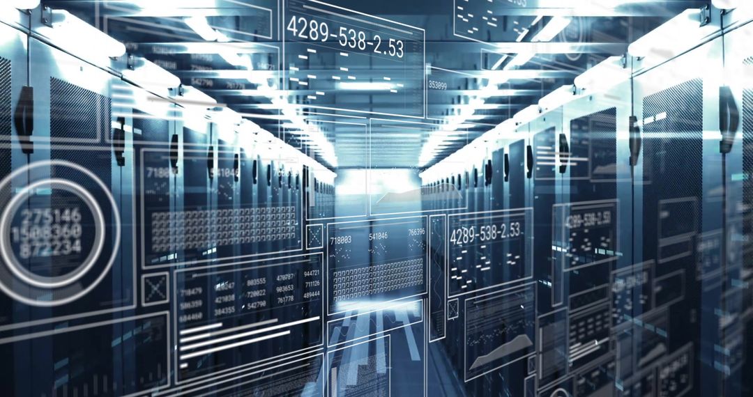 Modern Server Room with Data Visualization Illustrations