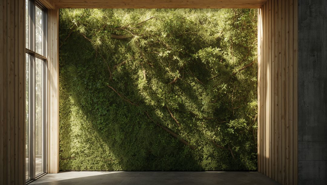 Living green wall casting diagonal sunlight shadows in minimalist atrium with glass facade