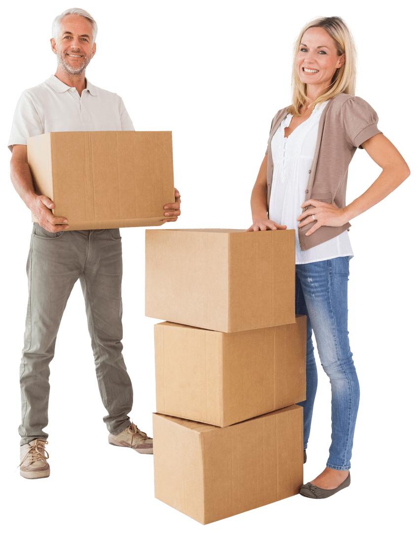 Transparent Background Happy Couple Packing Cardboard Boxes