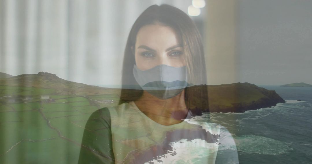 Contemplative Woman Behind Mask with Coastal Visions Overlaid