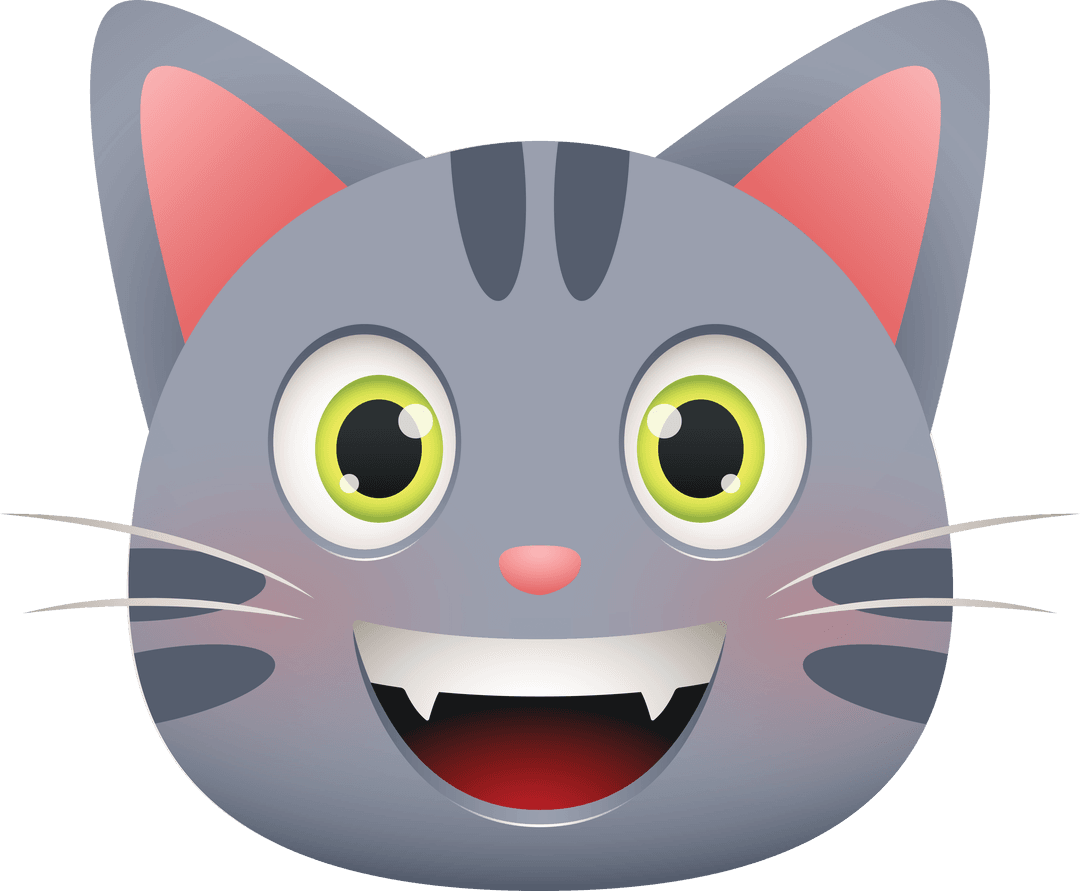 Cheerful Grey Cat Face on Transparent Background