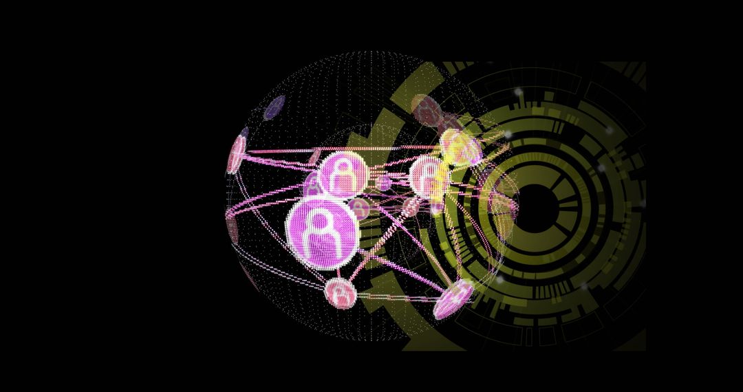 Futuristic 3D Digital Network with Pink Nodes and Yellow Rings