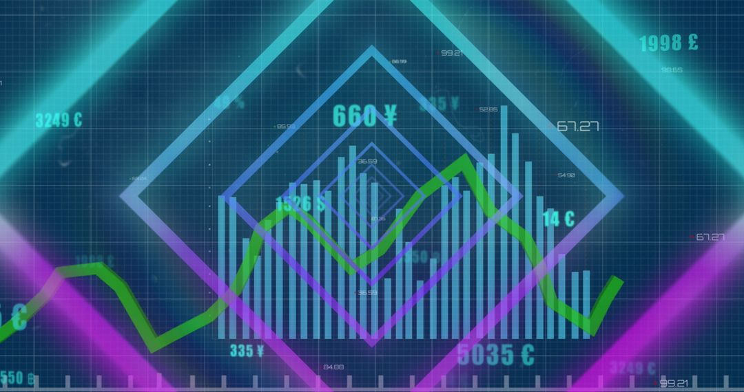 Abstract Neon Shapes over Financial Data Screen