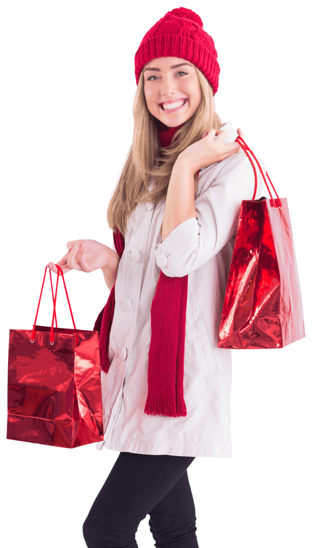 Cheerful Shopper with Red Shopping Bags in Transparent Background