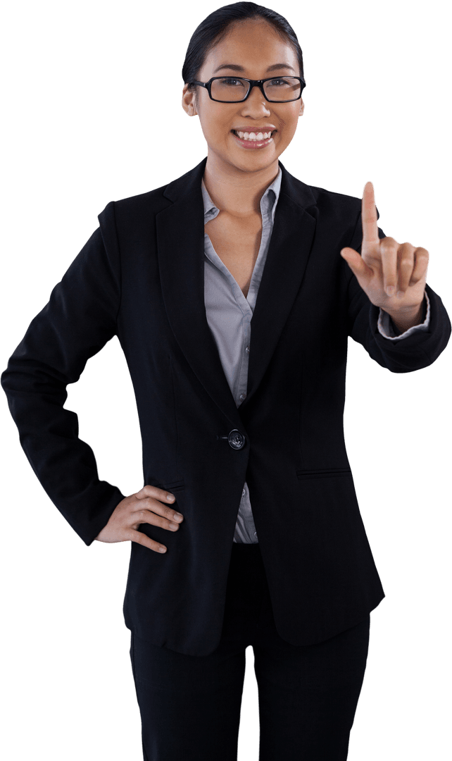 Smiling Businesswoman Touching Transparent Interface Screen