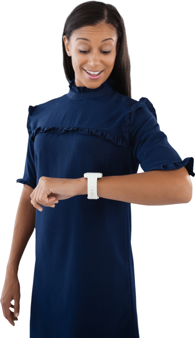 Transparent Excited Young Woman with Smartwatch Checking the Time