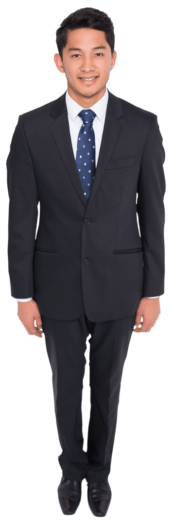 Transparent Happy Young Businessman in Suit and Tie Hand-in-Pocket