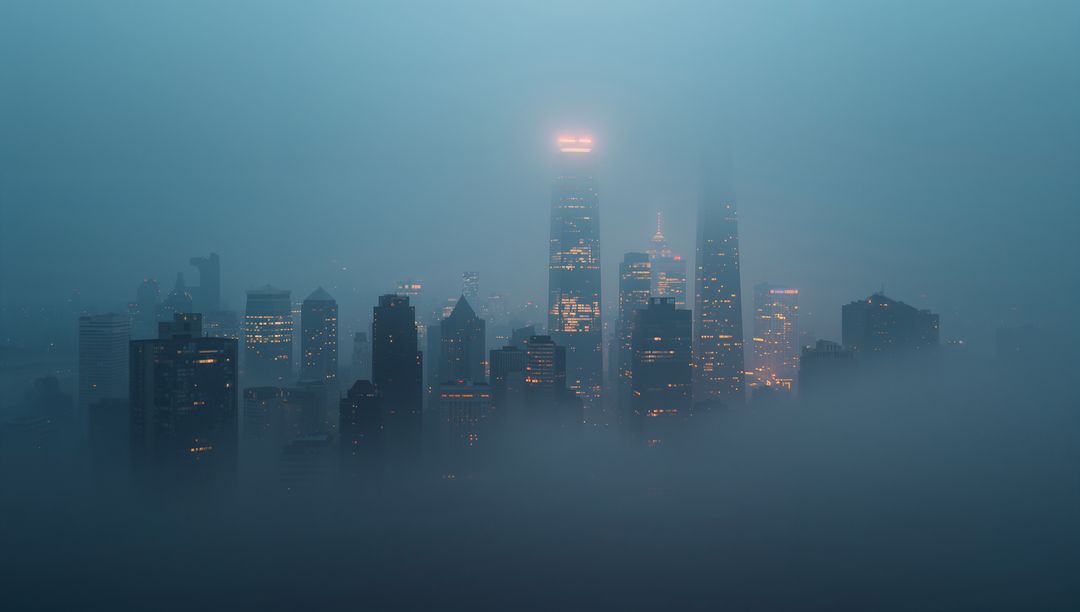 Misty Urban Skyline at Dawn with Illuminated Skyscrapers