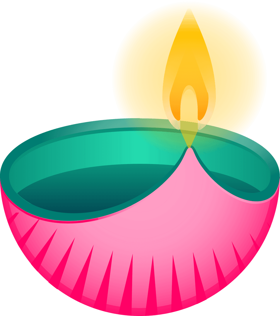 Flat Pink Diya Candle with Flickering Flame on Transparent Background