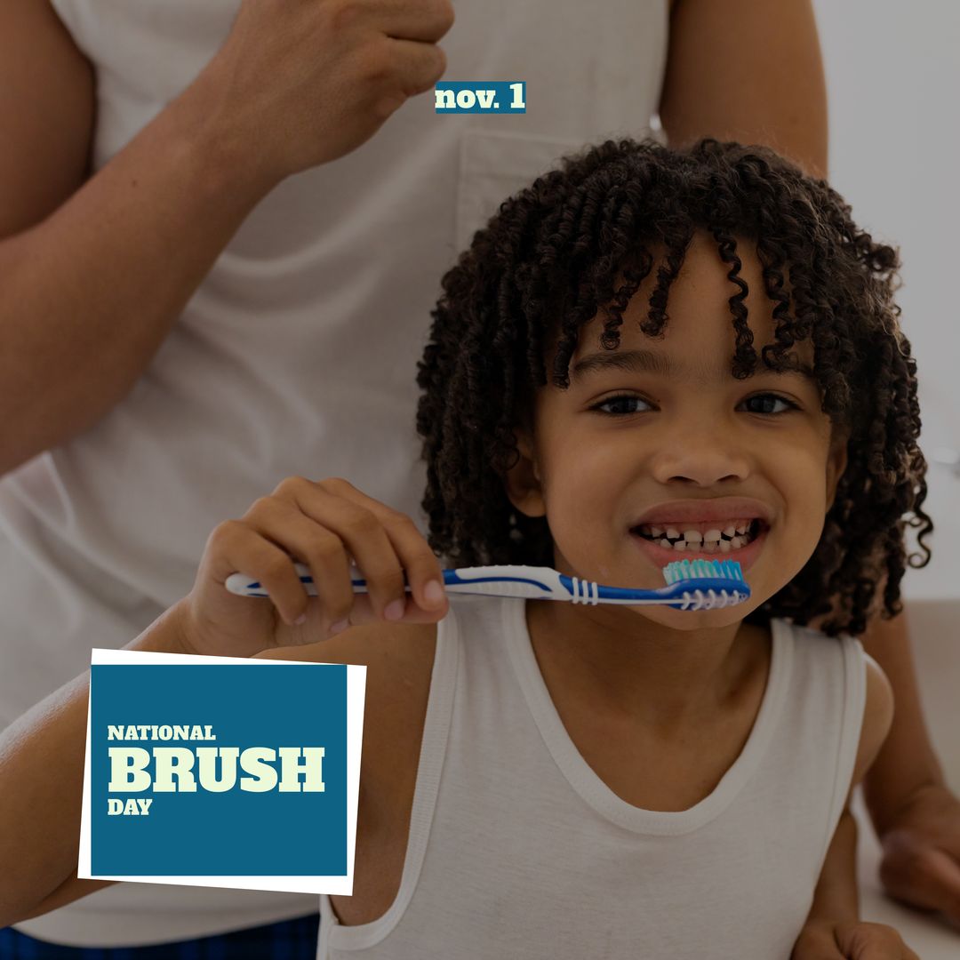 Composition of national brush day text over african american man and his son brushing teeth - Download Free Stock Templates Pikwizard.com