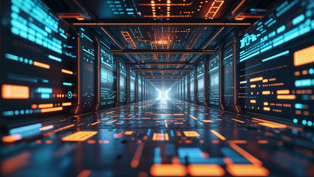 Futuristic cybernetic corridor with glowing holograms for website designs