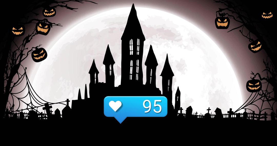 Haunted castle silhouette under full moon with spooky graveyard, jack-o-lanterns and like bubble