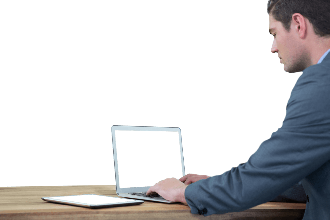 Transparent Background Businessman Typing on Laptop