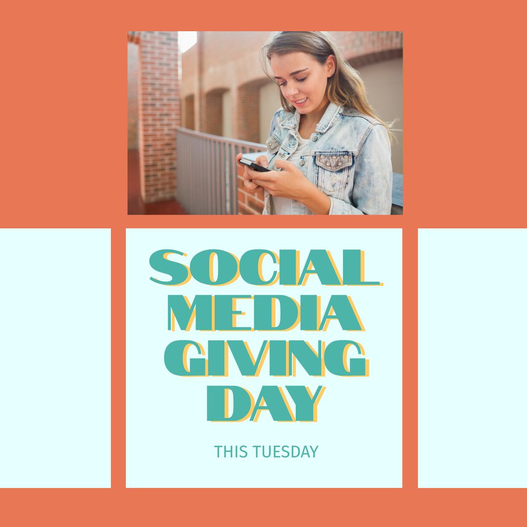Social media giving day, this tuesday text in green with happy caucasian woman using smartphone - Download Free Stock Templates Pikwizard.com