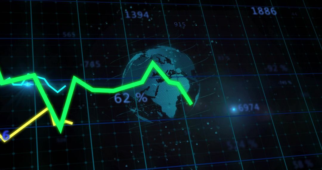 Neon Green Line Chart Tracking Global Data Over 3D Globe with Futuristic Analytics HUD