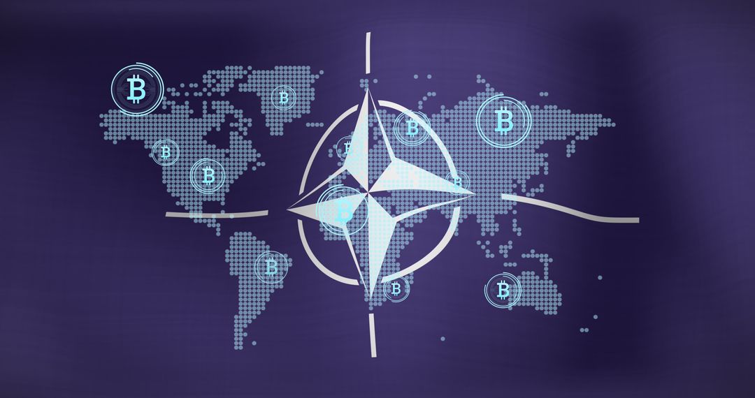 Bitcoin Symbol Integrated with NATO Flag and World Map