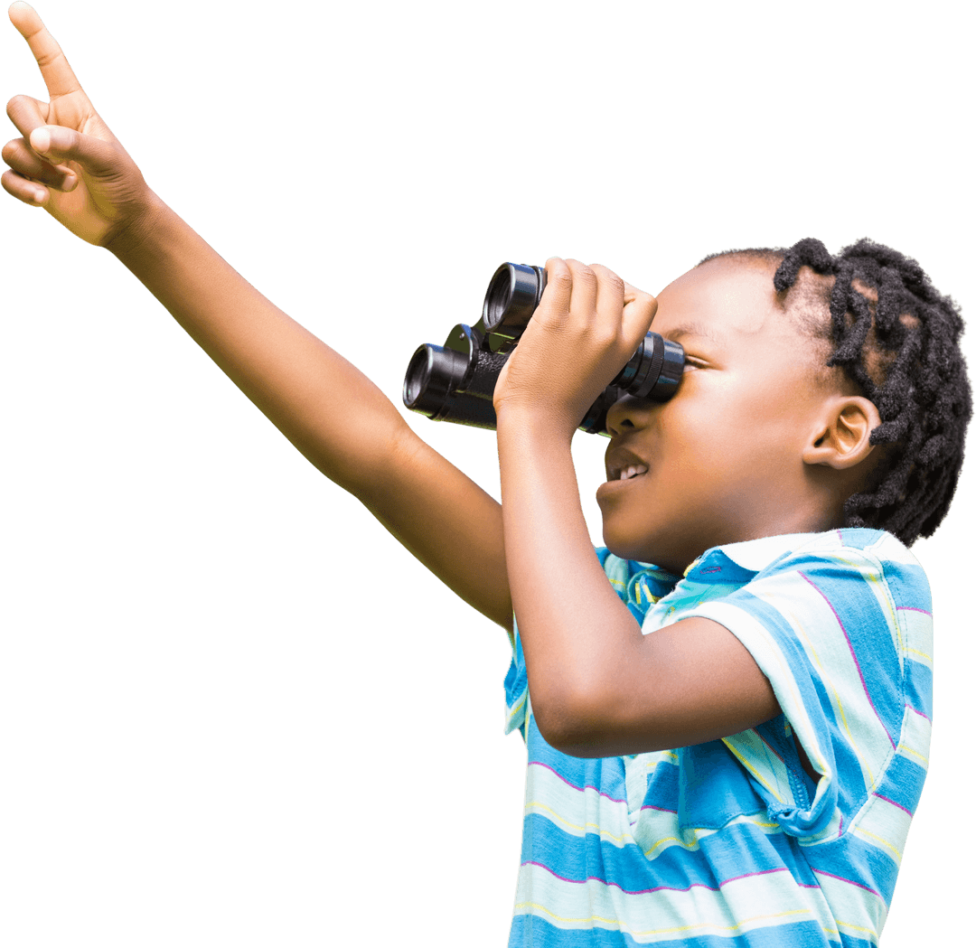 Curious Boy Using Binoculars and Pointing on Transparent Background
